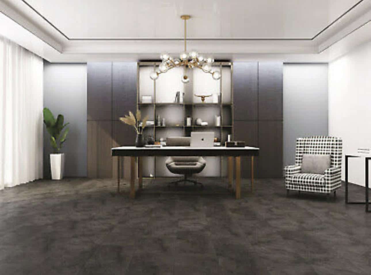 Dark slate tile flooring room view