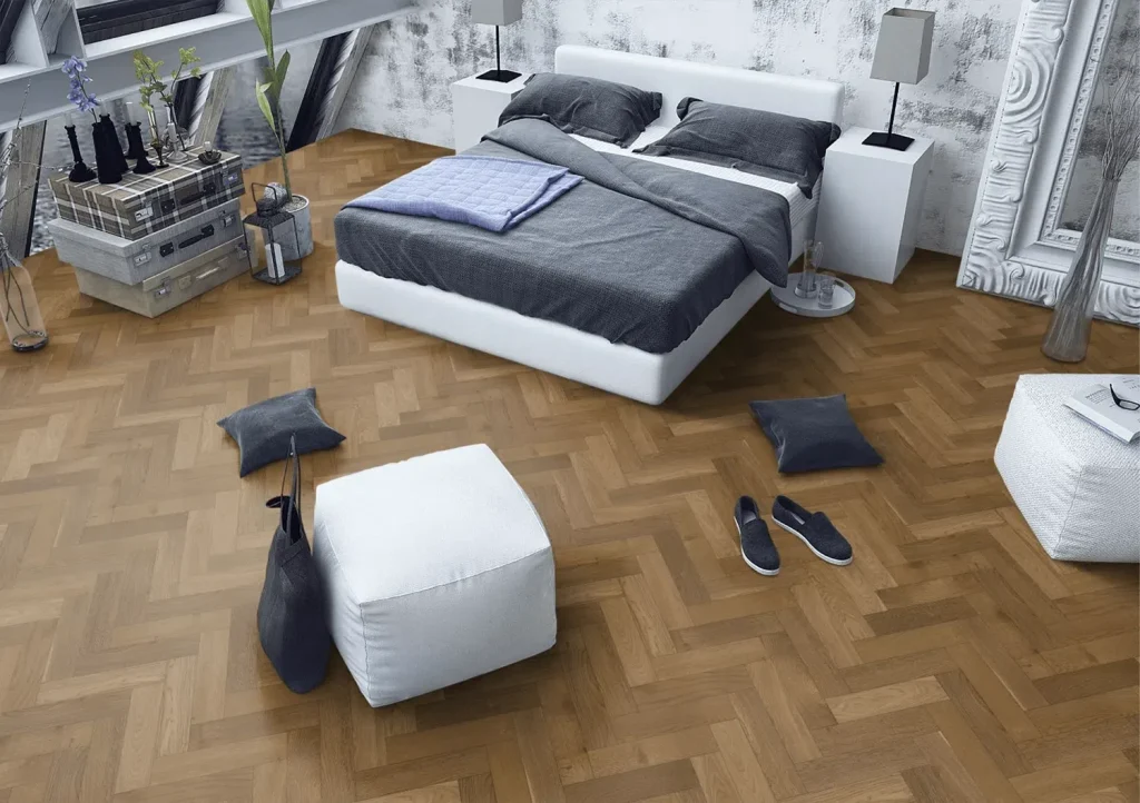 Harvest Oak Herringbone Flooring in bedroom