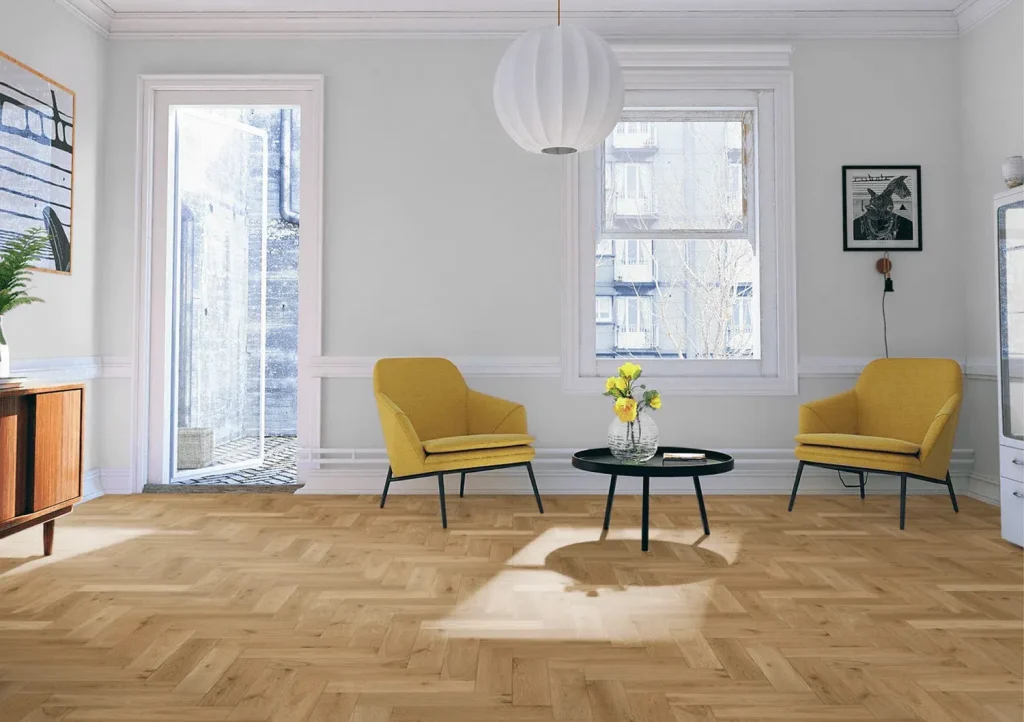 Natural Oak Matt Lacquered & Brushed Herringbone Flooring In Lounge