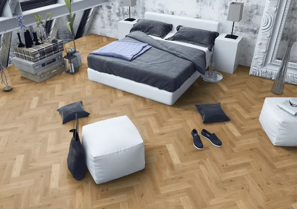 Natural Oak Matt Lacquered & Brushed Herringbone Flooring in Bedroom