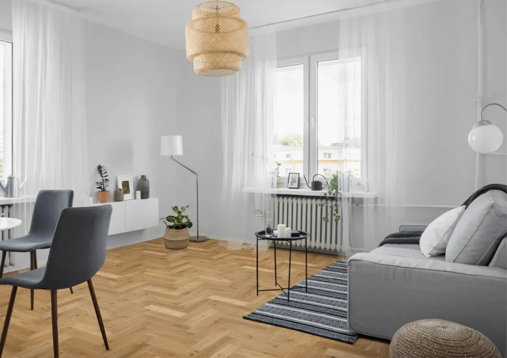 Natural Oak Matt Lacquered & Brushed Herringbone Flooring in Living room
