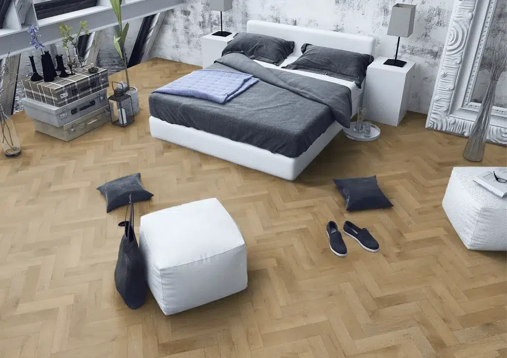 Orchid White Oak Herringbone in bedroom