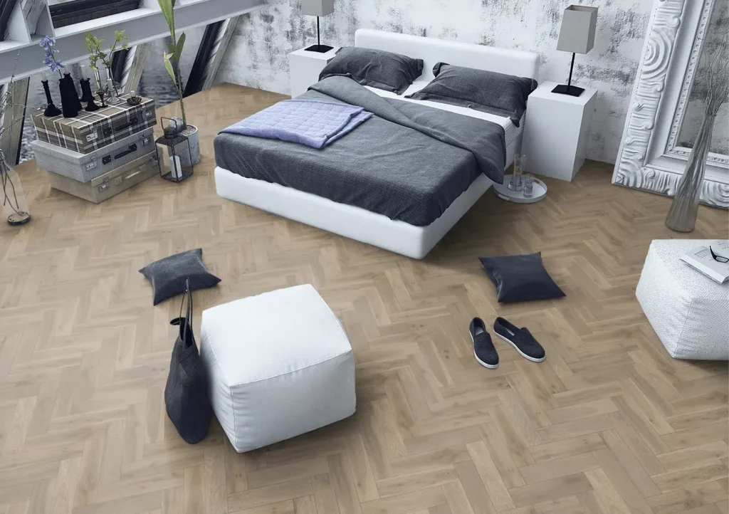 Pearl Grey Oak Herringbone Flooring in bedroom