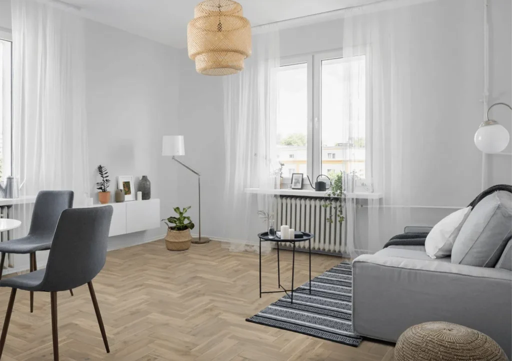 Pearl Grey Oak Herringbone Flooring in living room
