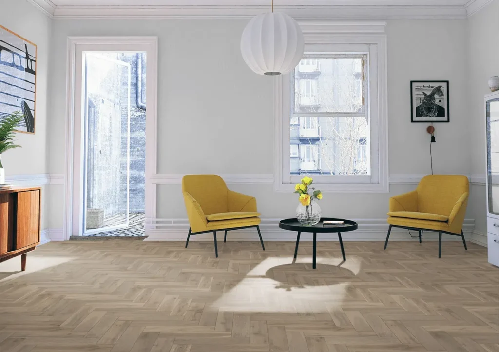 Pearl Grey Oak Herringbone Flooring in lounge