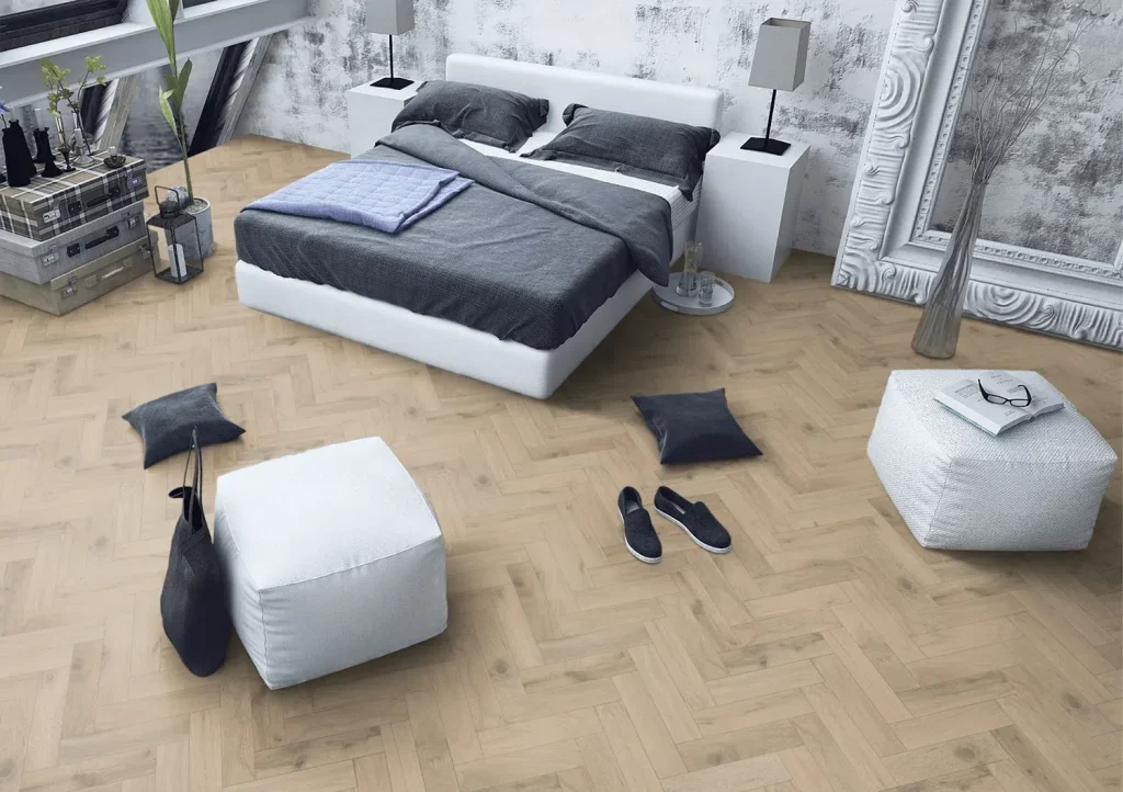 Romantic Oak Herringbone Flooring in bedroom