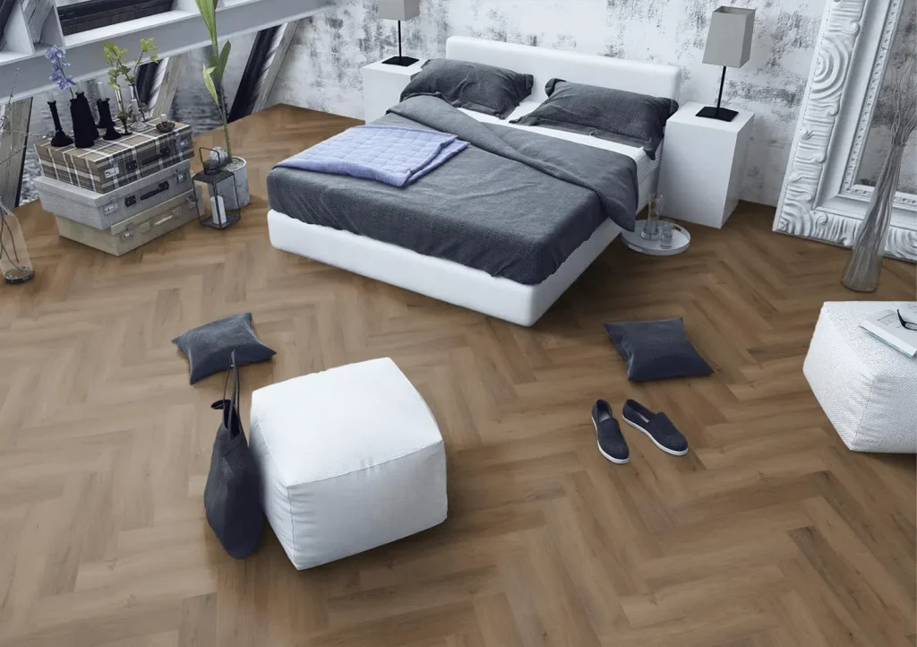 Truffle Oak Herringbone flooring in a bedroom