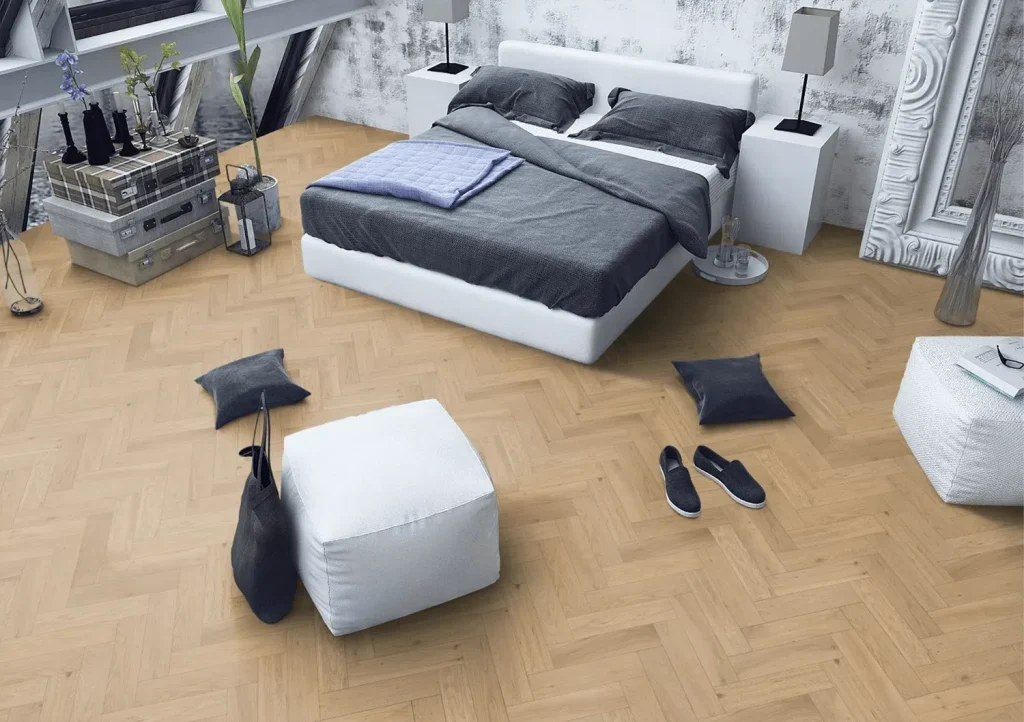 Whisper Oak Herringbone Flooring in bedroom