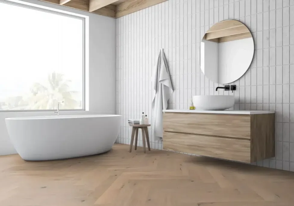 Chalked Oak Herringbone flooring in your Newcastle bathroom Chalked Oak Herringbone flooring in your Newcastle bathroom